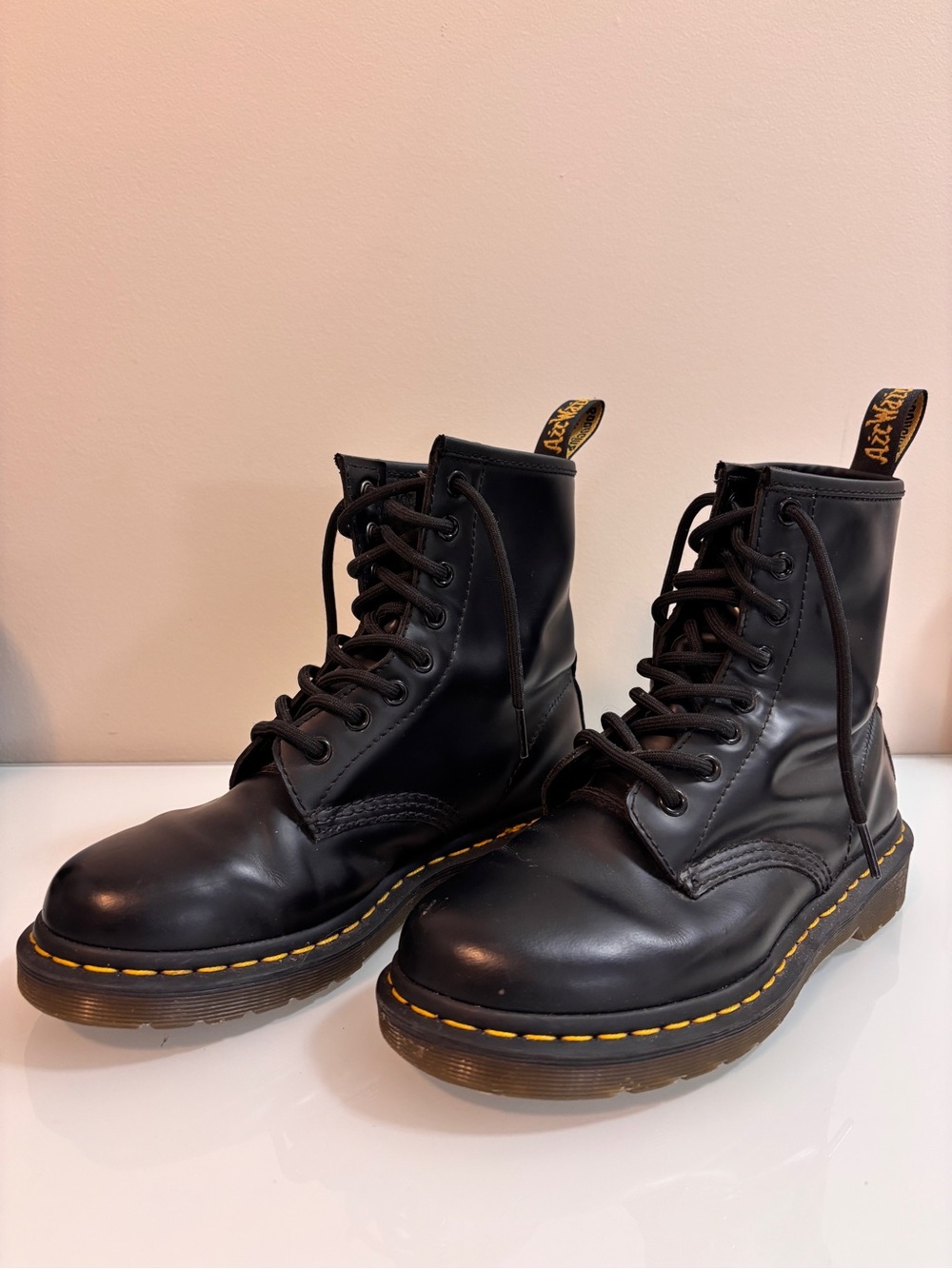 Dr. Martens 1460 Black Leather Lace-Up Boots with Yellow Stitching